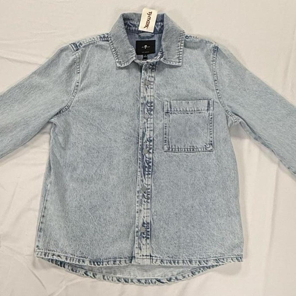 7 For All Mankind Womens Light Wash Relaxed Fit Denim Button Up Shirt Blue S